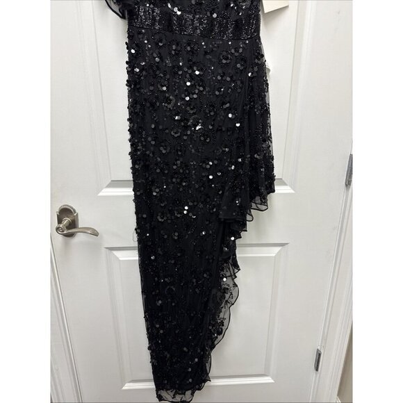 Mac Duggal Size 6 Black 93687 One Shoulder Beaded Asymmetrical Hem Gown Dress - Picture 7 of 10